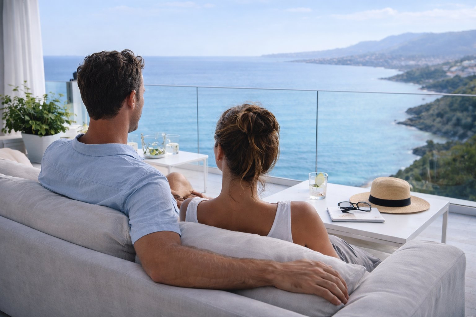 Couple relaxing on a Spanish vacation rental terrace, calm and at ease