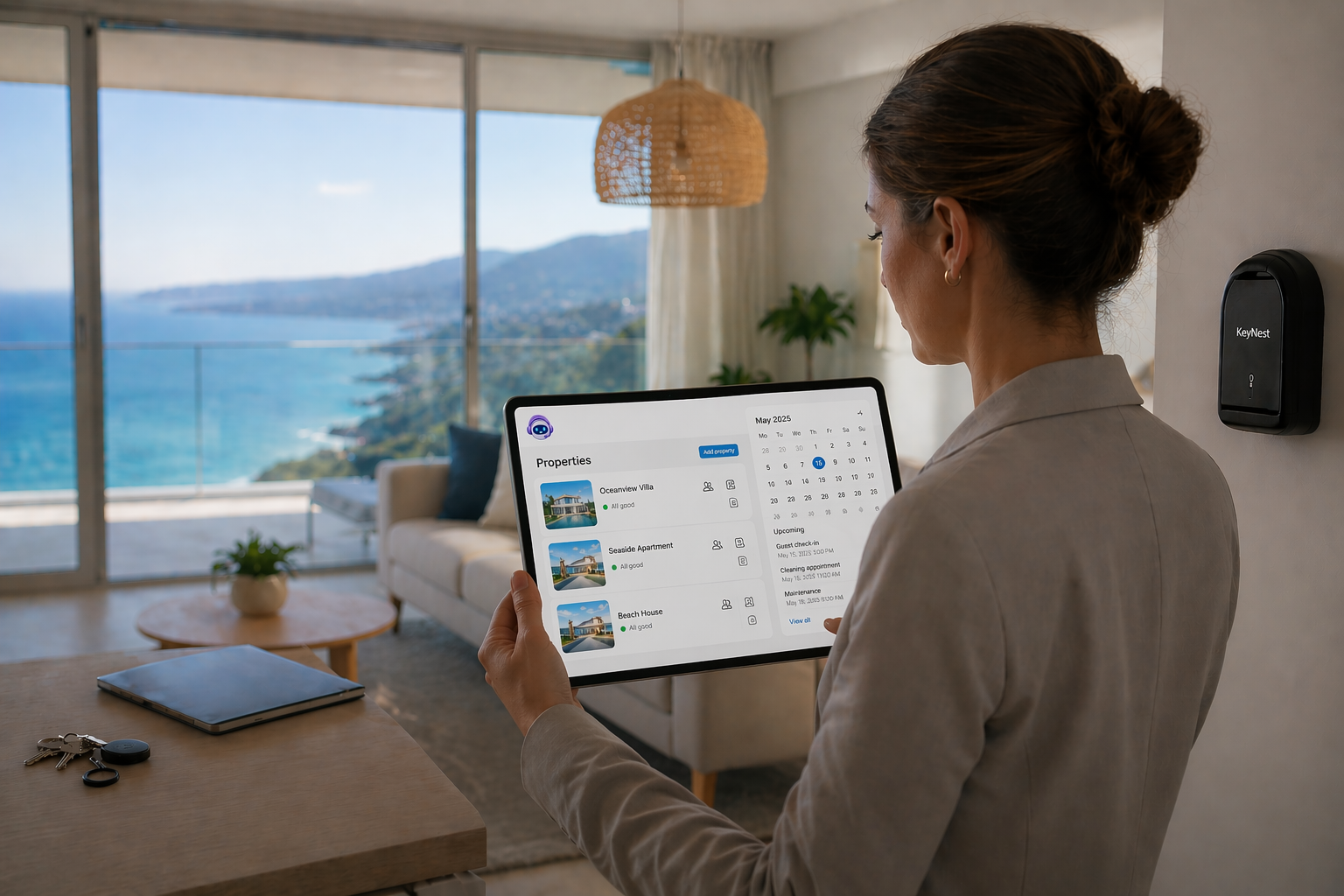 Host reviewing PropertyHost on a tablet, coastal Spanish villa in the background