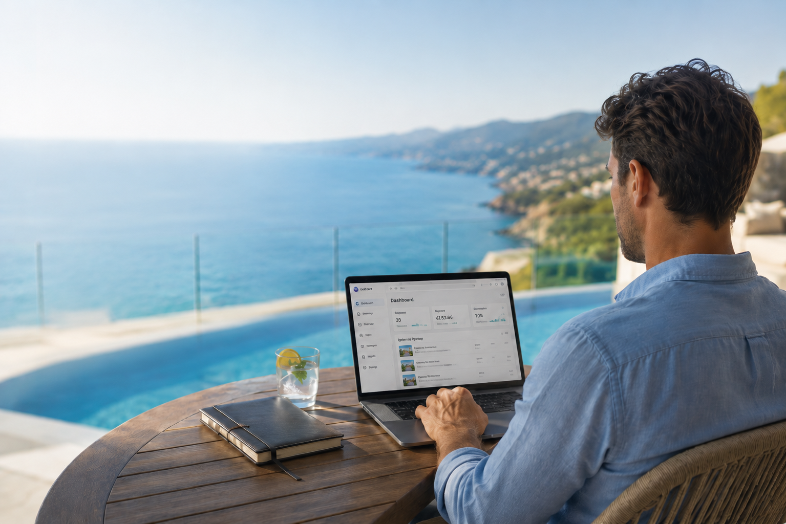 Host managing PropertyHost from a poolside terrace overlooking the Mediterranean coast